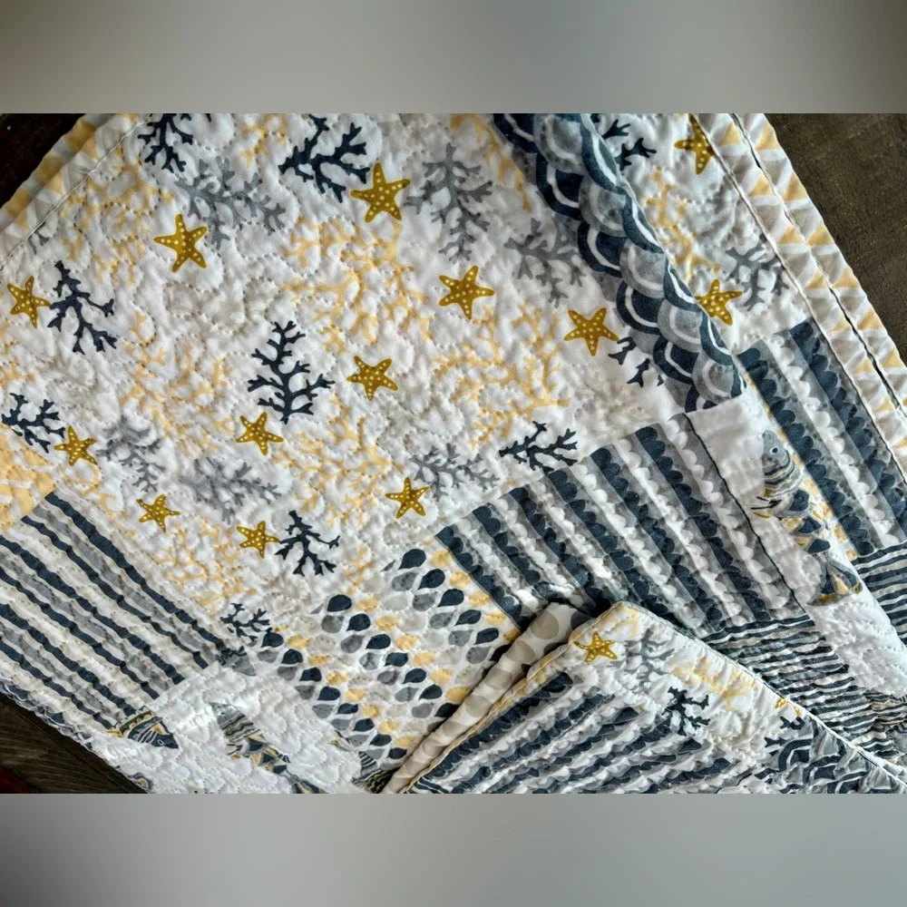 Quilted Patchwork Bedding Set Full Queen Yellow Gray Coastal 3 Piece